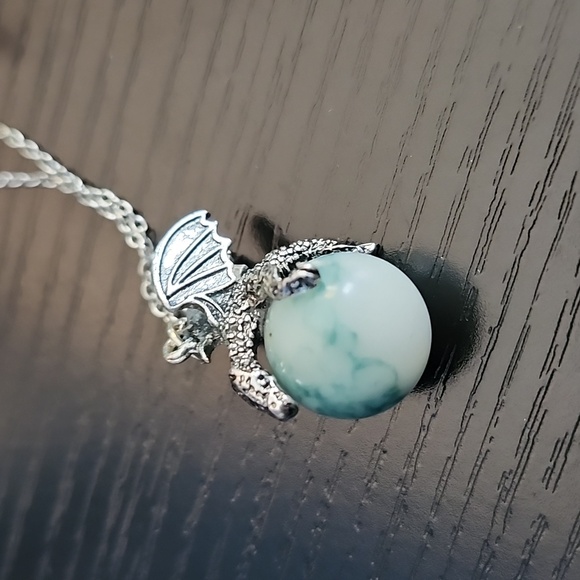 Silver Dragon Pendant Necklace with Blue Stone - Picture 2 of 5